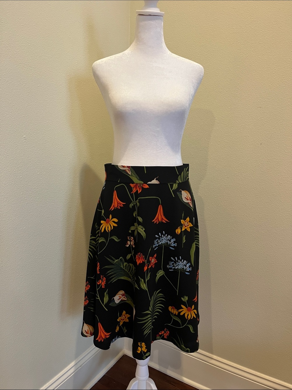 Ann Taylor Black A-Line Skirt with Orange, Yellow & Green Floral Print